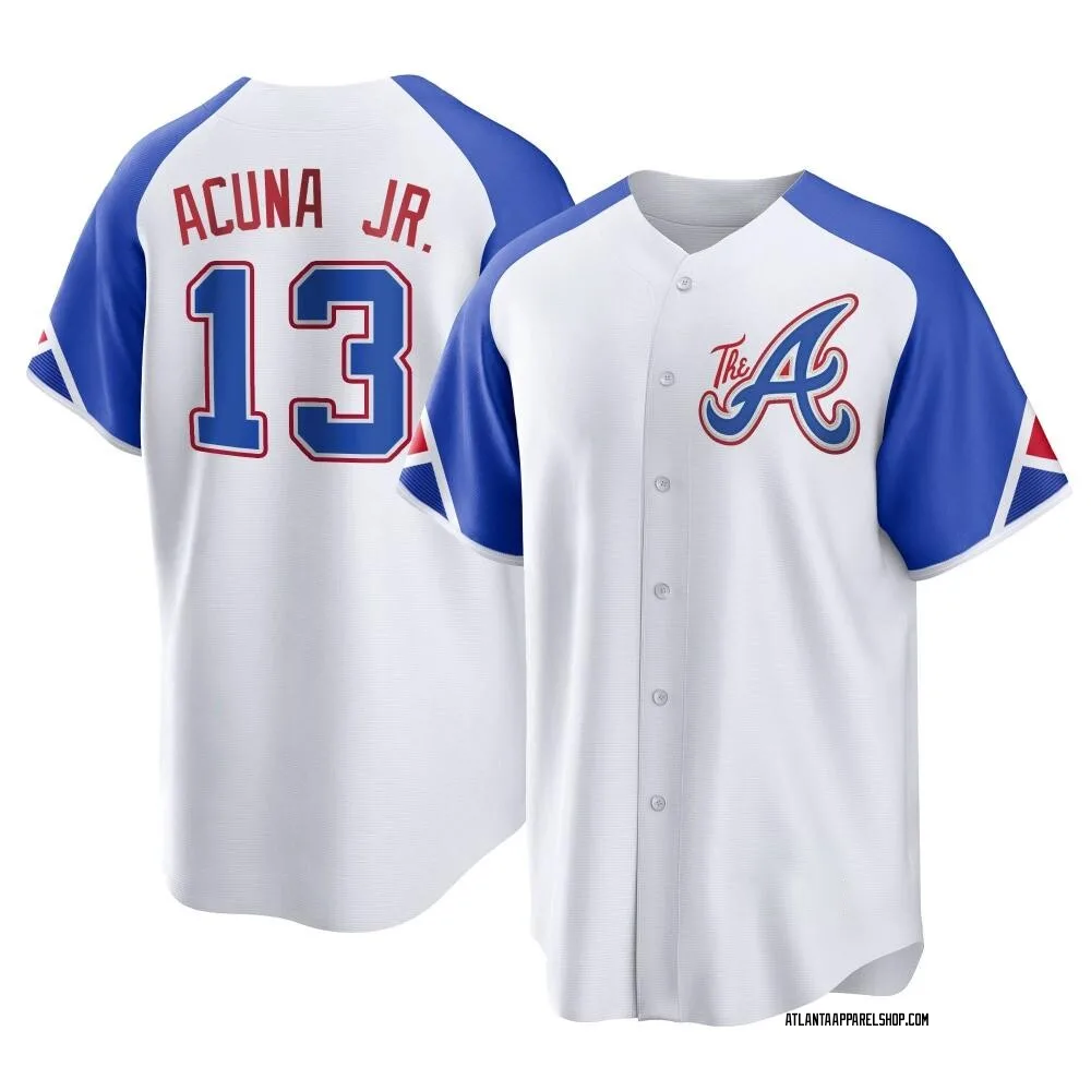 Ronald Acuna Jr. 13 Jersey, Atlanta Braves White 2022-23 Gold Program Jersey  - Bluefink